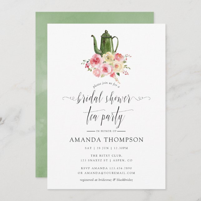 Invitación Rubor y Sage Green Floral Bridal Shower Tea Fiesta (Anverso / Reverso)