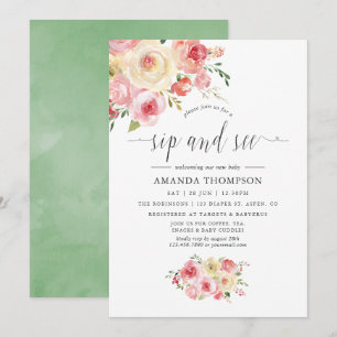 Invitación Rubor y Sage Green Floral Sip and See