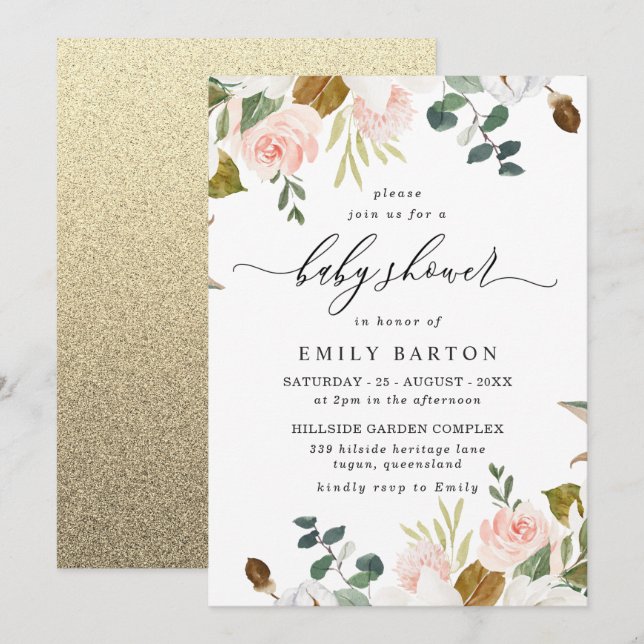 Invitación Rubor y White Floral Gold Purpurina Baby Shower (Anverso / Reverso)