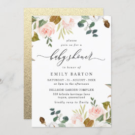Invitación Rubor y White Floral Gold Purpurina Baby Shower