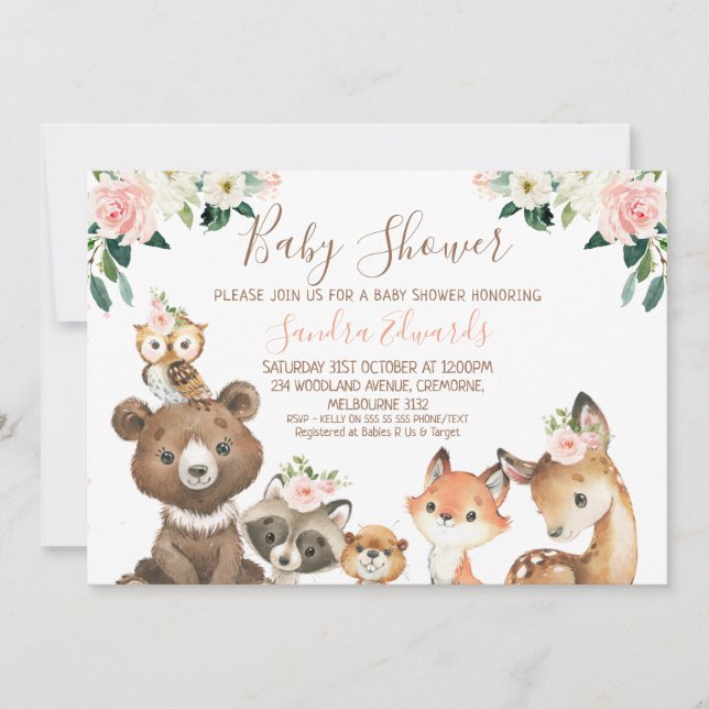 Invitación Rubor y White Floral Woodland Baby Shower (Anverso)