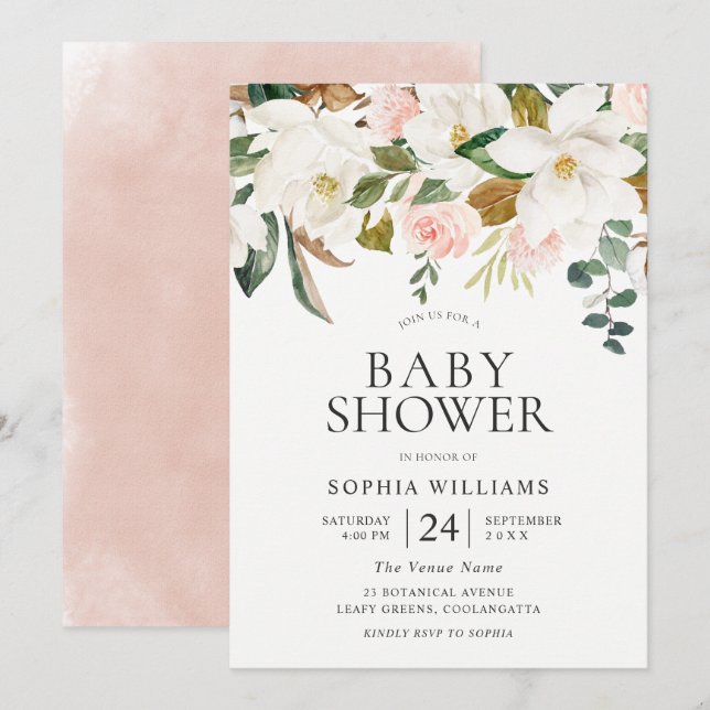 Invitación Rubor y White Florals Hermosa Baby Shower (Anverso / Reverso)