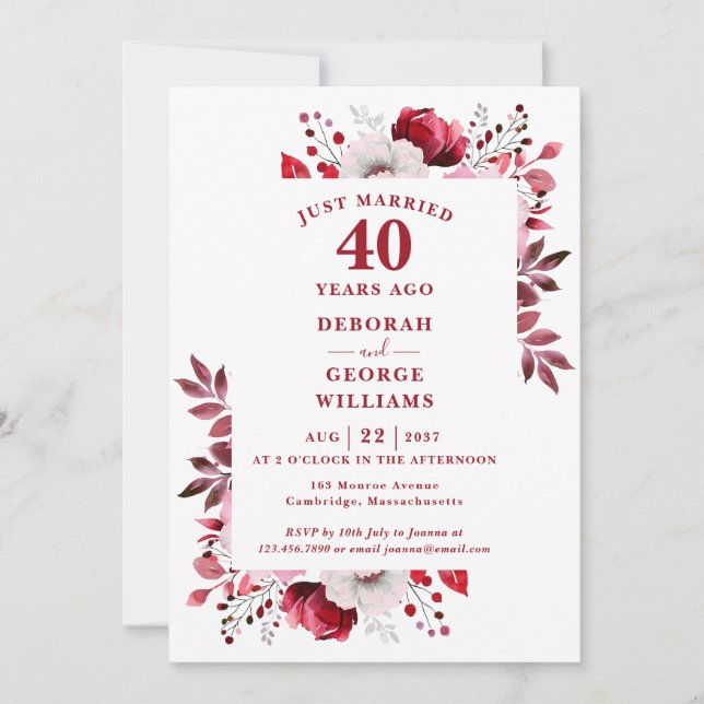Invitación Ruby 40 Aniversario Boda Monograma Floral (Anverso)