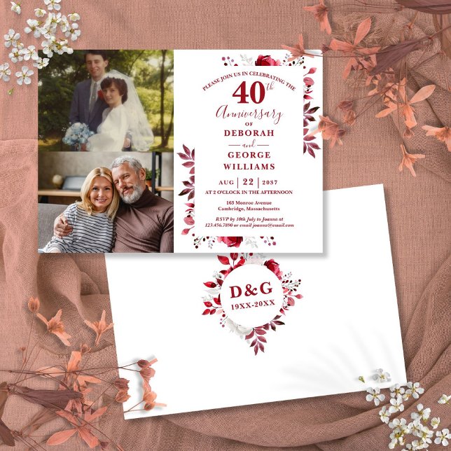 Invitación Ruby 40th Aniversario del Boda Entonces y ahora 2  (Ruby 40th Wedding Anniversary Then & Now 2 Photo Invitation)