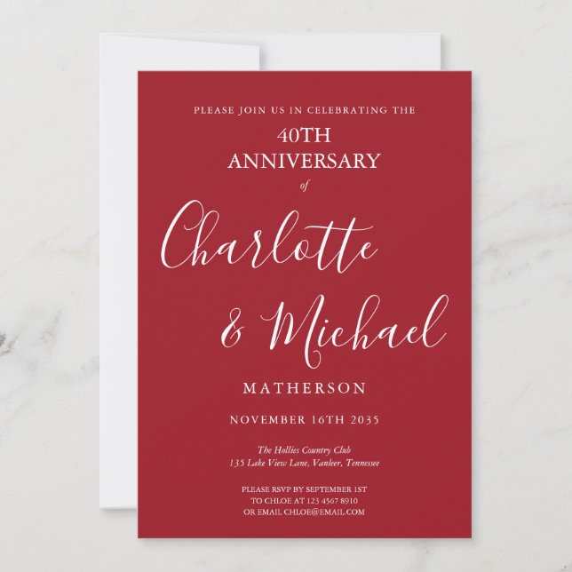 Invitación Ruby 40th Aniversario Firma Script (Anverso)