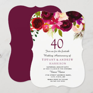 Invitación Ruby Burgundy Rojo Floral 40º Aniversario de Boda