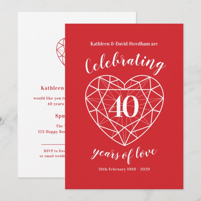 Invitación Ruby celebrando 40 años de amor fiesta invita (Anverso / Reverso)