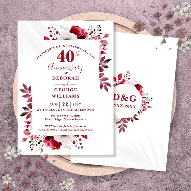 Invitación Ruby Elegant Floral 40º Aniversario Boda (Ruby Elegant Floral 40th Wedding Anniversary Invitation)
