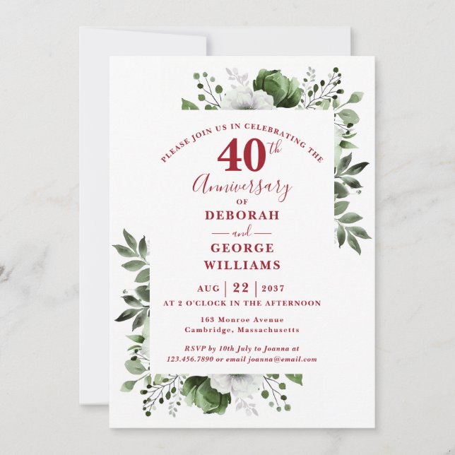 Invitación Ruby Elegante Verdor 40 Aniversario de Boda  (Anverso)
