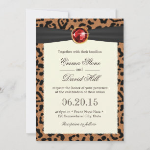 Invitación Ruby Gemstone Black Ribbon Leopard Print Boda