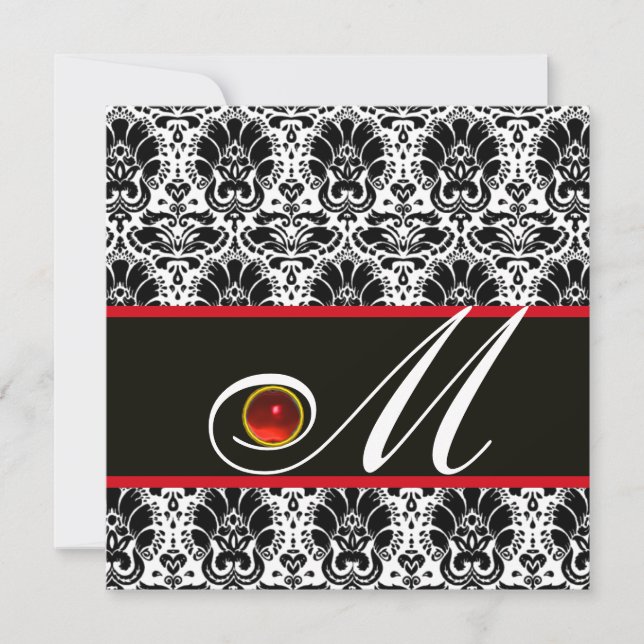 Invitación Ruby MONOGRAM BLANCO NEGRO ROJO DAMASK (Anverso)