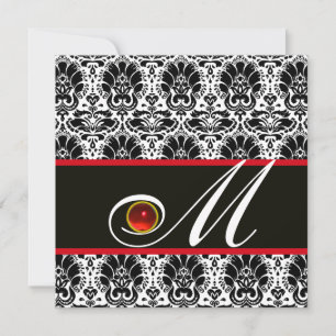 Invitación Ruby MONOGRAM BLANCO NEGRO ROJO DAMASK