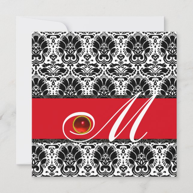 Invitación Ruby MONOGRAM BLANCO NEGRO ROJO DAMASK (Anverso)