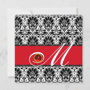 Invitación Ruby MONOGRAM BLANCO NEGRO ROJO DAMASK