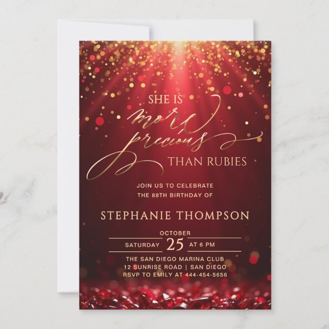 Invitación Ruby More Precious Red Gold Glitter 80th Birthday (Anverso)