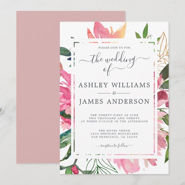Invitación Ruby Pink Peony Boda Botánico Floral (Anverso / Reverso)