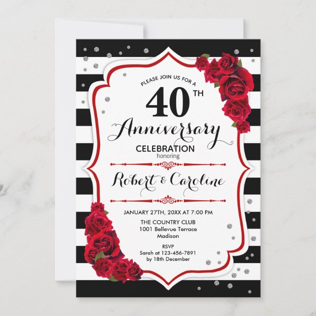 Invitación Ruby Red 40 Aniversario - Rayas Blancas Negras (Anverso)