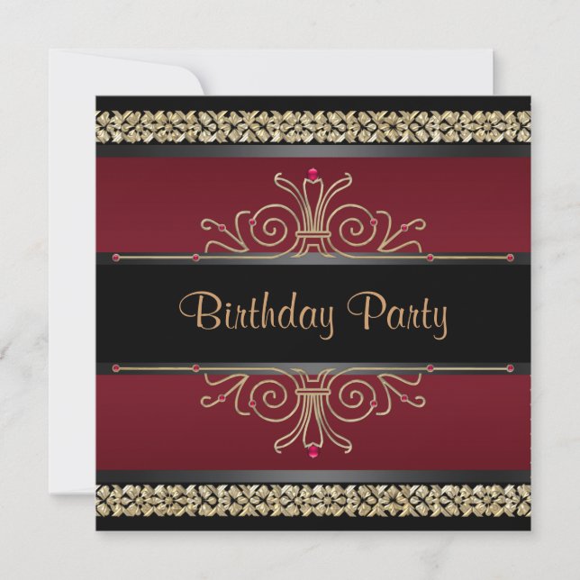 Invitación Ruby Red Black Gold Fiesta de cumpleaños de mujere (Anverso)