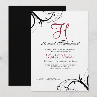 Invitación Ruby Red Black White Swirls 50 cumpleaños