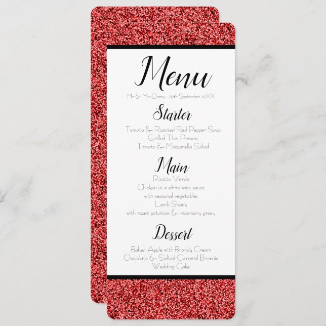 Invitación Ruby Red Faux Purpurina Menu (Anverso / Reverso)