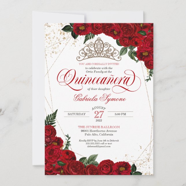 Invitación Ruby Red Floral Rosa y Gold Elegante Quinceañera (Anverso)