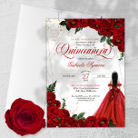 Invitación Ruby Red Floral Rosa y Gold Elegante Quinceañera<br><div class="desc">Invitación de quinceañera en rosa rojo vivo con acentos dorados y un chica con elegante vestido de pelota. Consulte la tienda para ver esta invitación con chicas de diferentes colores de cabello y tonos de piel.</div>