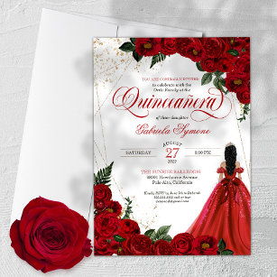 Invitación Ruby Red Floral Rosa y Gold Elegante Quinceañera