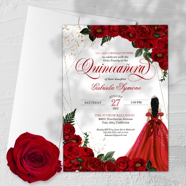 Invitación Ruby Red Floral Rosa y Gold Elegante Quinceañera (Subido por el creador)