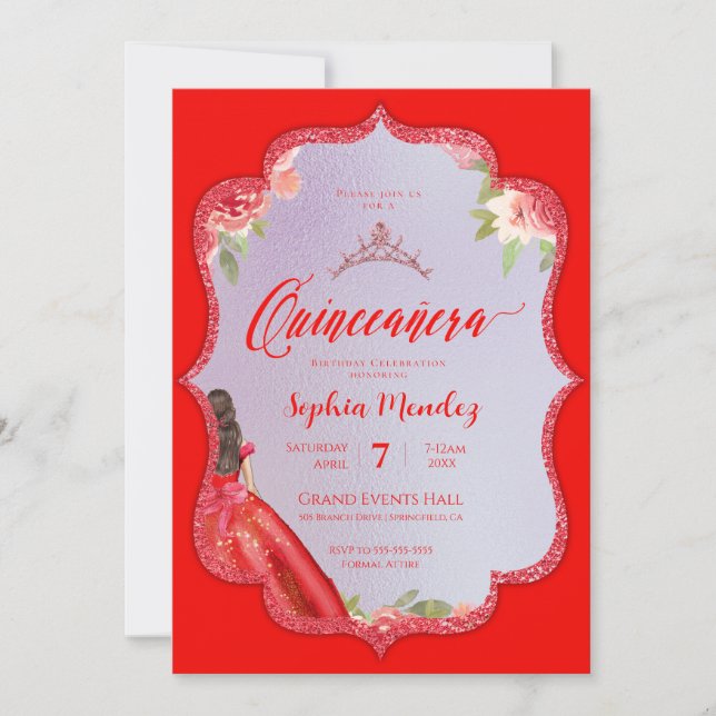 Invitación Ruby Red Floral Watercolor Quinceanera (Anverso)