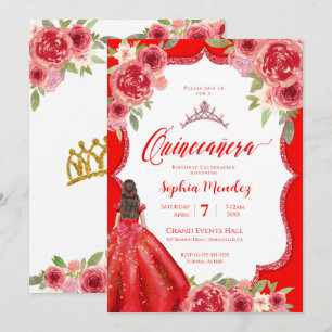 Invitación Ruby Red Floral Watercolor Quinceanera