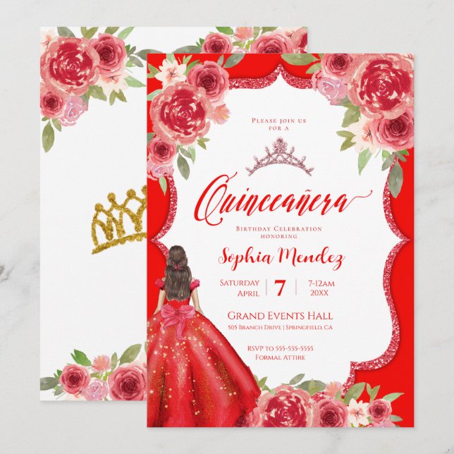 Invitación Ruby Red Floral Watercolor Quinceanera (Anverso / Reverso)