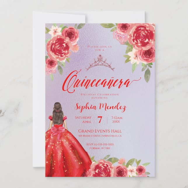 Invitación Ruby Red Floral Watercolor Quinceanera (Anverso)