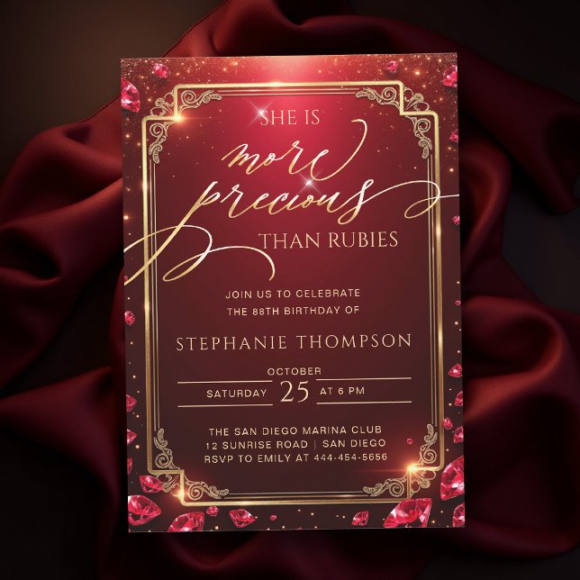 Invitación Ruby Red Gold Deco Frame Elegant Mom 80th Birthday (elegant birthday invitation for mom ruby red gold more precious than rubies bible quote classy frame)