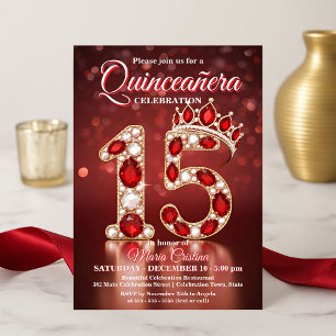 Invitación Ruby Red Gold Gemstone Princesa Corona Quinceañera
