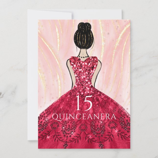 Invitación Ruby Red Princess Vestido Quinceanera Fiesta (Anverso)