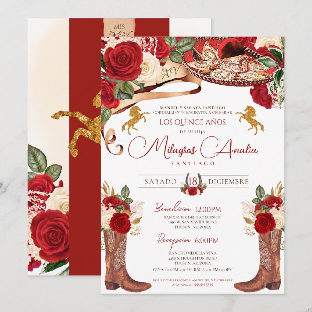 Invitación Ruby Red Rose Fancy Western Charra Quinceanera (Anverso / Reverso)