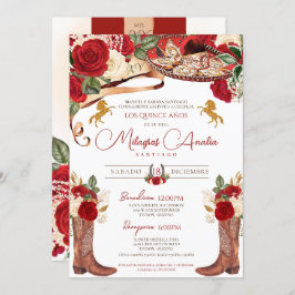 Invitación Ruby Red Rose Fancy Western Charra Quinceanera