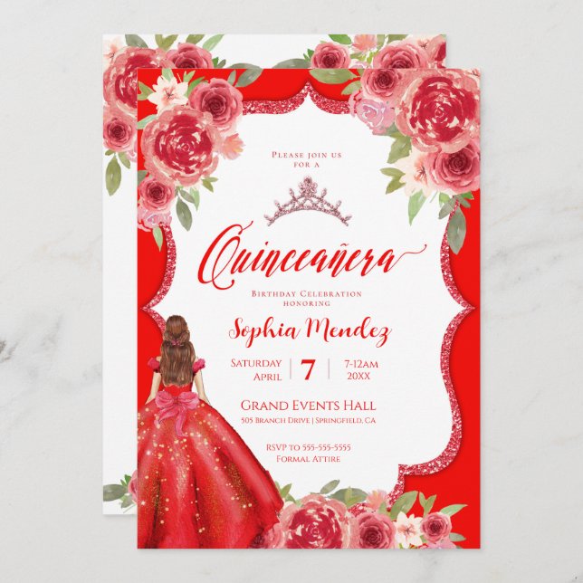 Invitación Ruby Red Rose Floral Watercolor Quinceanera (Anverso / Reverso)