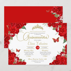 Invitación Ruby Red Roses Floral Tiara Mariposa Quinceanera