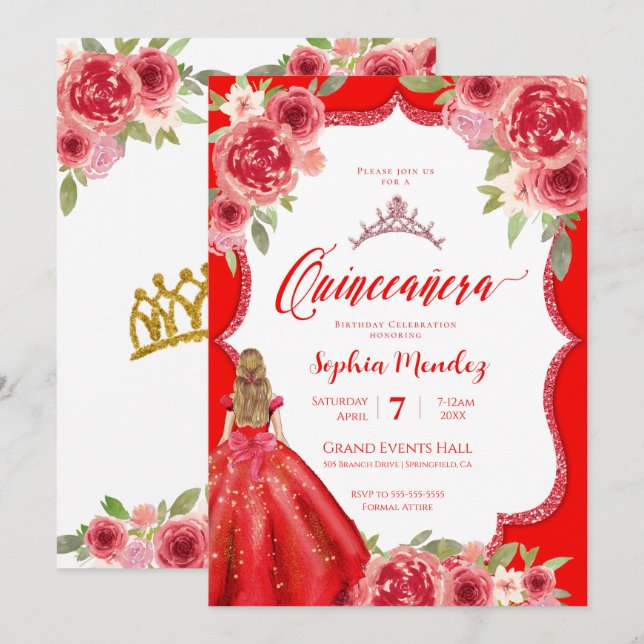 Invitación Ruby Red Roses Floral Watercolor Quinceañera (Anverso / Reverso)