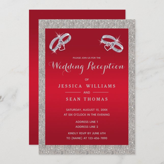 Invitación Ruby Red, Sparkly Silver Anillos Boda Recepción (Anverso / Reverso)