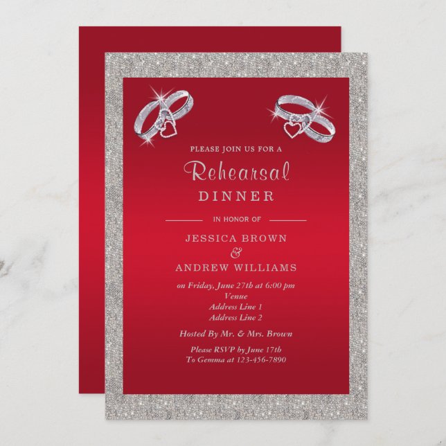 Invitación Ruby Red, Sparkly Silver Rings Ensayo Cena (Anverso / Reverso)
