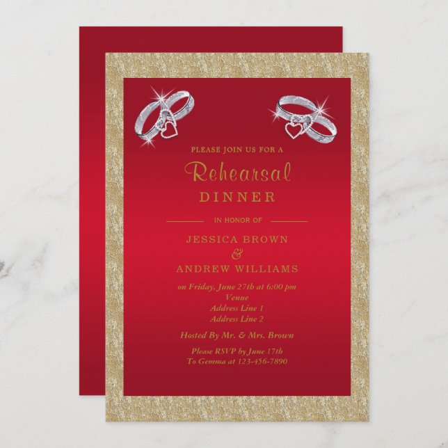 Invitación Ruby Red, Sparkly Silver Rings Ensayo Cena (Anverso / Reverso)