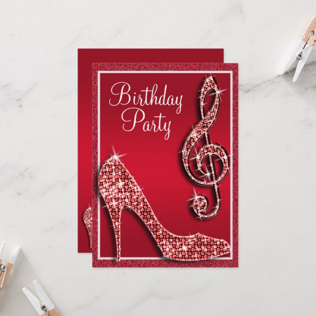 Invitación Ruby Red Stiletto y Treble Clef Cumpleaños (Anverso/Reverso In Situ)