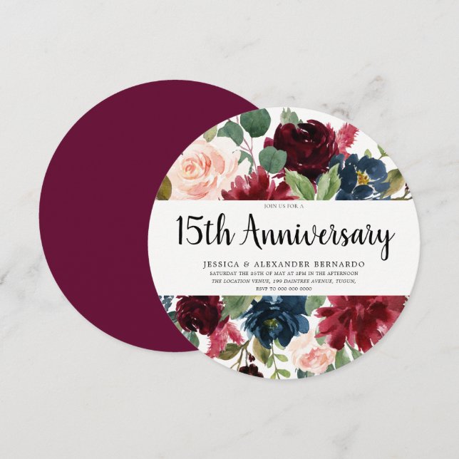 Invitación Ruby Red Wine Flowers 15° aniversario Boda (Anverso / Reverso)