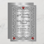 Invitación Ruby y Diamante Fiesta del 40° aniversario Boda en<br><div class="desc">Elegantes formas de diamante falso y piedras de imitación en forma de corazón rubí en un fondo de color plateado con texto negro invitaciones de la fiesta del 40° Aniversario Boda. Diseño original de Holiday Hearts Designs (derechos reservados). Si tiene alguna pregunta o necesita ayuda con el diseño, por favor...</div>