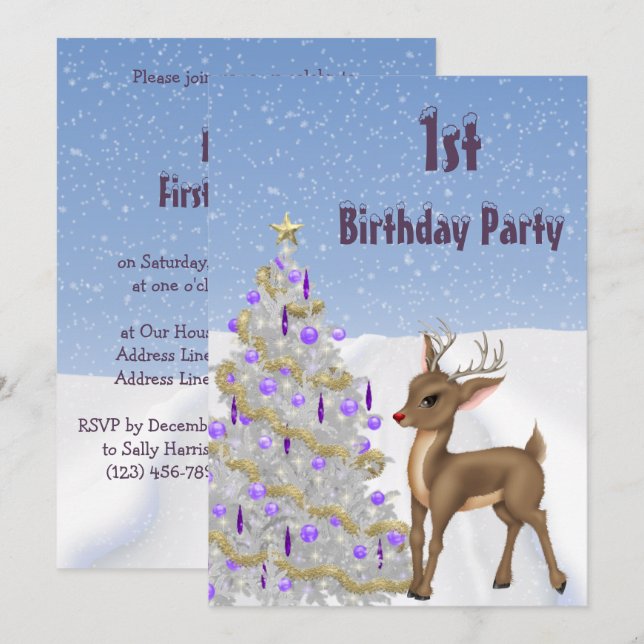Invitación Rudolph, copos de nieve y árbol de Navidad Primer  (Anverso / Reverso)