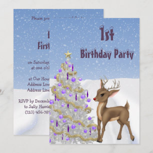 Invitación Rudolph, copos de nieve y cumpleaños del árbol de