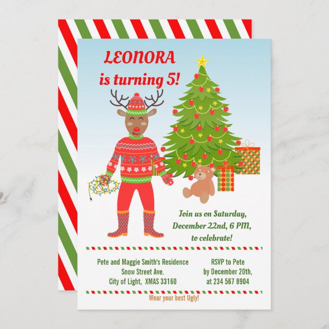 Invitación Rudolph Ugly Sweater Fiesta de cumpleaños (Anverso / Reverso)
