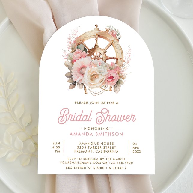 Invitación Rueda de barco floral rosa arco náutico para despe (Subido por el creador)